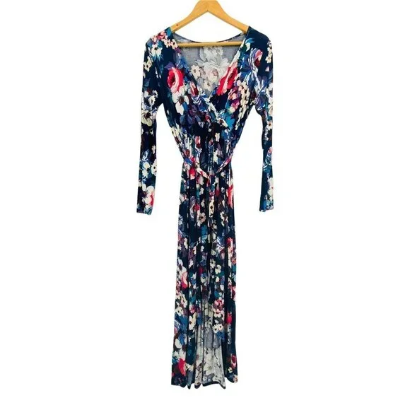 Reborn J Womens Blue Floral V Neck Wrap High Low Long Sleeve Dress M Boho Flowy - Picture 2 of 7